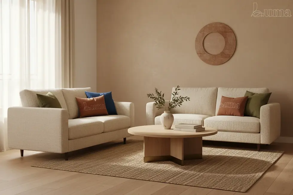 sofás compactos para apartamentos turísticos y mesas auxiliares en un espacio optimizado