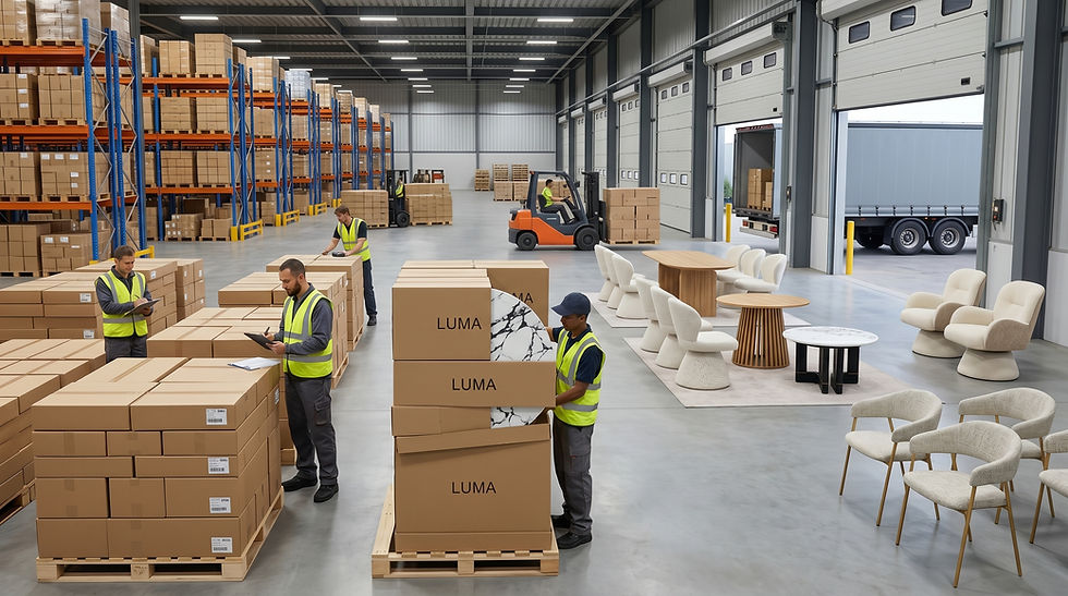 A realistic export warehouse scene showing LUMA furniture products with compact packaging and organized cartons for European B2B buyers.