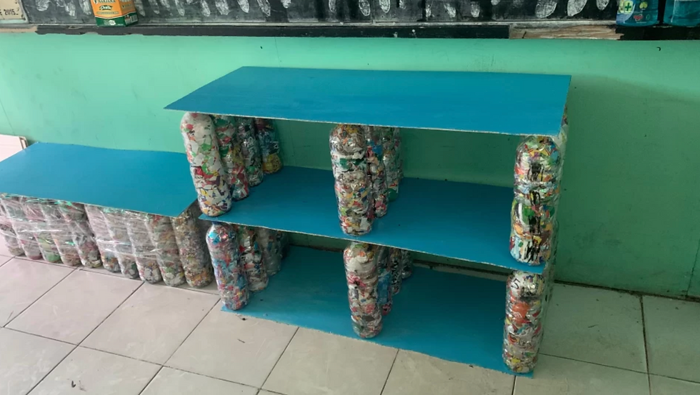 EcoBrick project example where ecobricks create school cubbies.