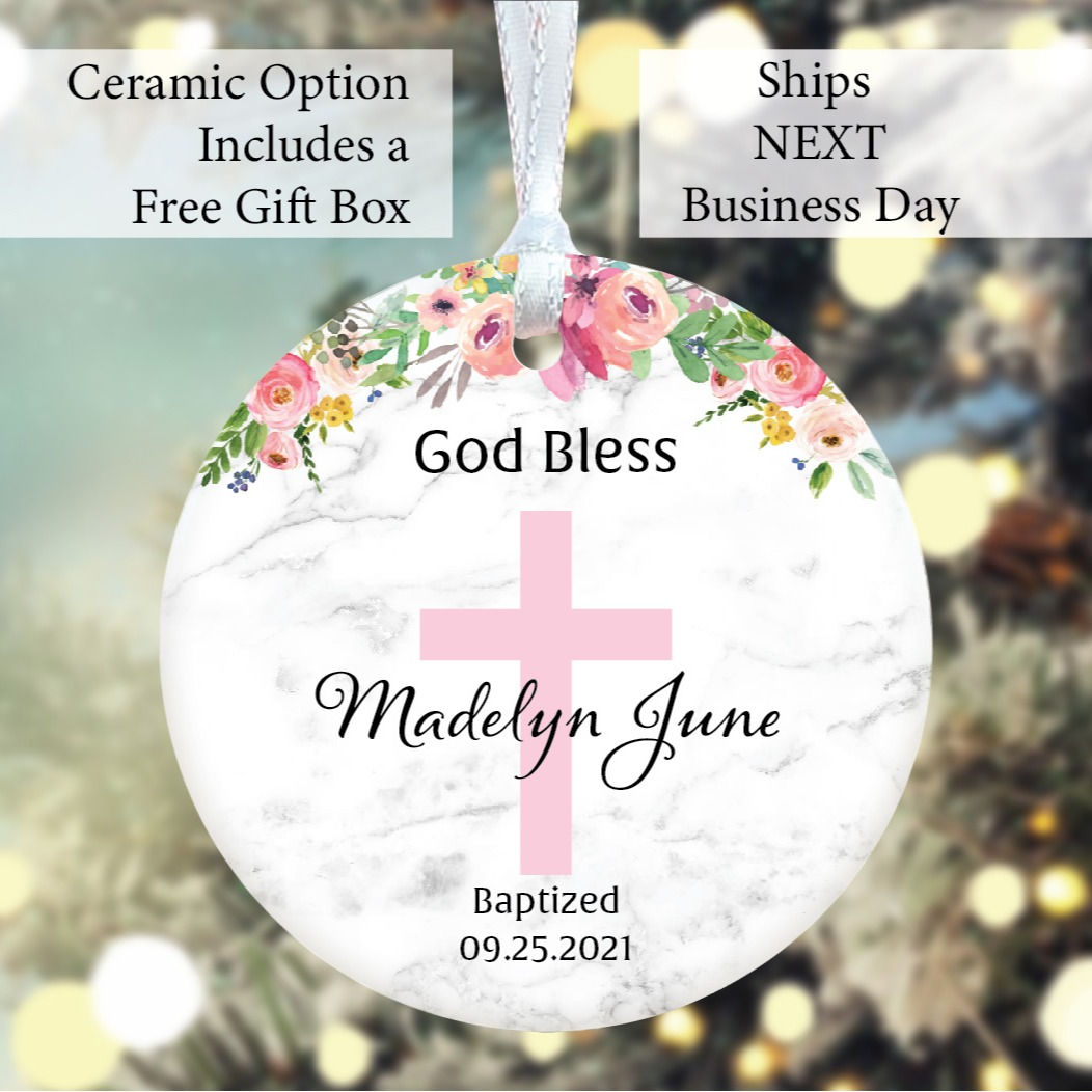 Baptized Pink Cross Ceramic Ornament
