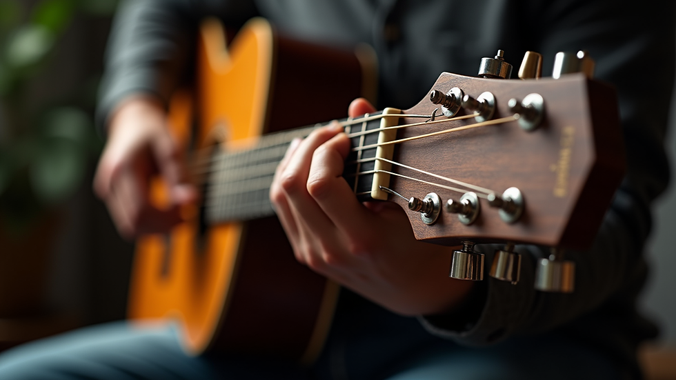 Close-up of a guitar neck and hand playing chords