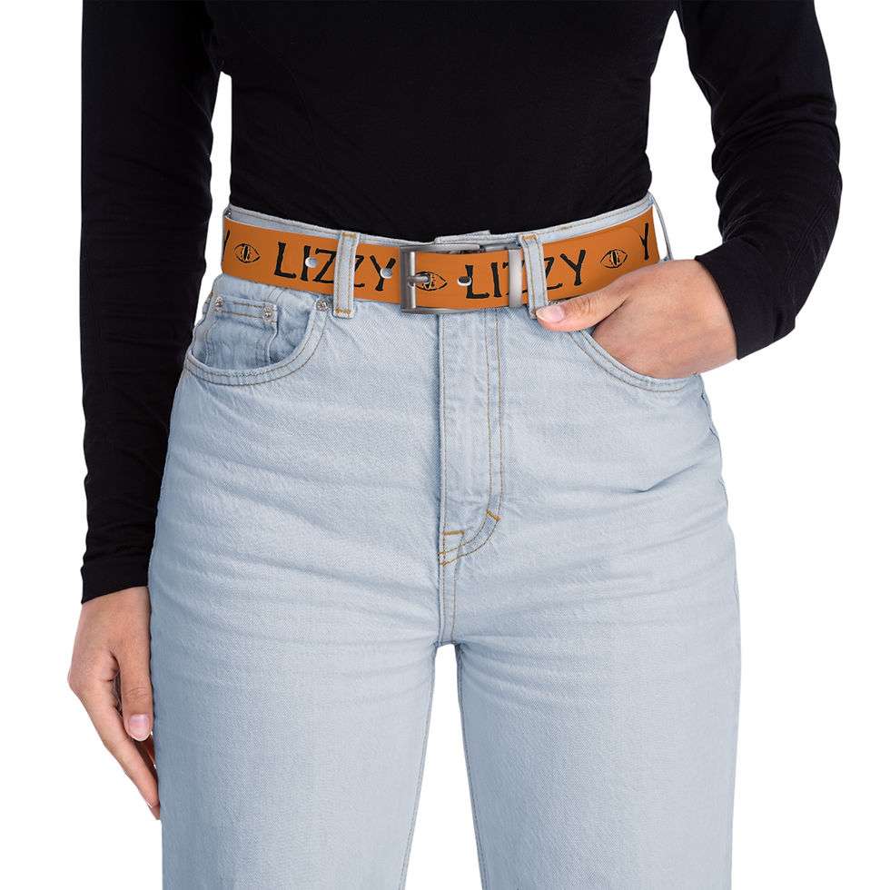 Thumbnail: Lizzy Logo Printed Belt — Orange Fashion Belt with Repeating 'LIZZY' Design