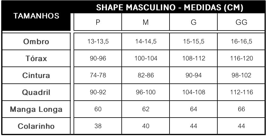 Tabela de medidas para roupas masculinas (em centímetros) nas opções de tamanhos P, M, G e GG. As medidas incluem ombro, tóra