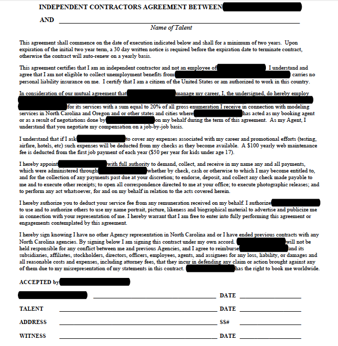 Modeling Agency Contract Sample