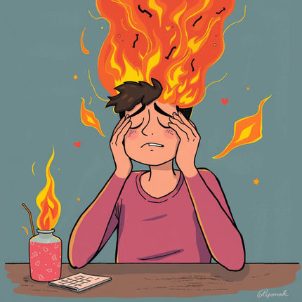 Cartoon illustration of a person overwhelmed by burnout, with flames erupting from their head as they sit at a desk in distress. A flaming drink and notebook symbolize emotional overload. Commitment to Hope offers compassionate therapy across Ohio to help individuals manage burnout and reclaim balance.