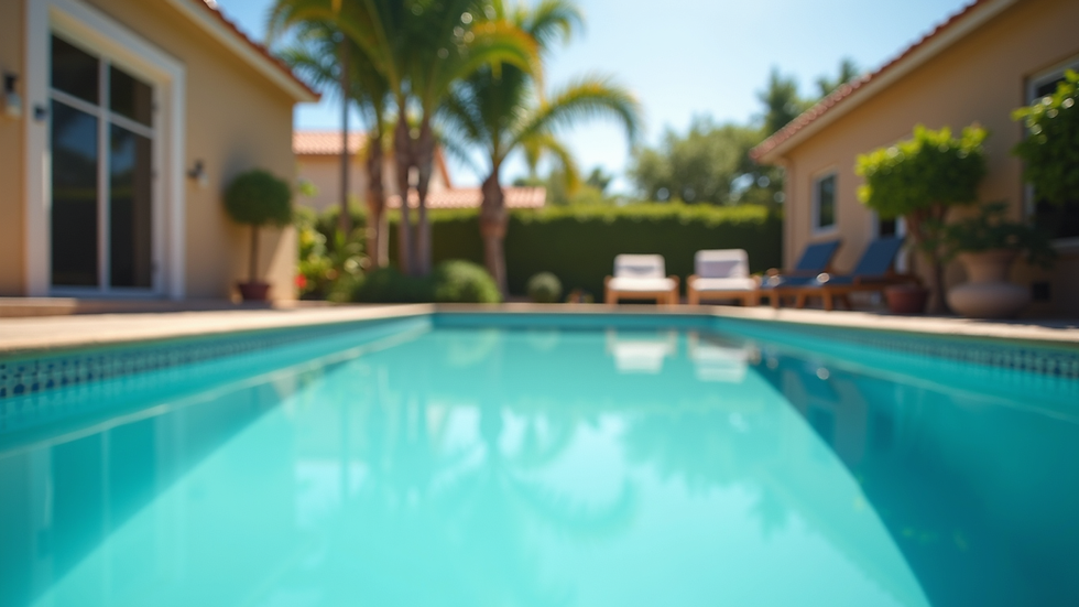 Eye-level view of a clean residential swimming pool in a sunny backyard