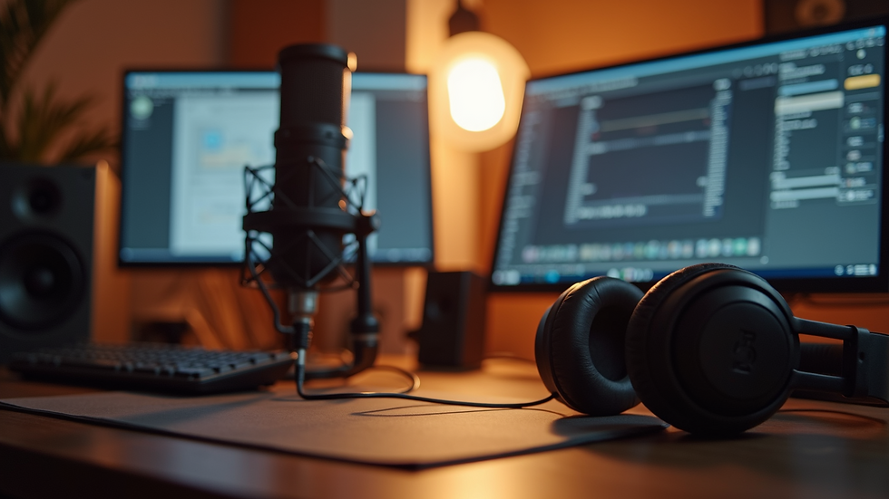 Close-up view of a microphone and headphones on a podcast studio desk