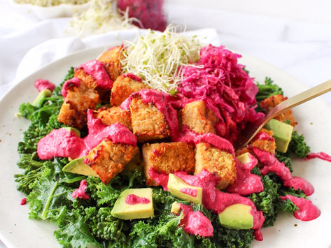Three Greens with Tempeh Gems and Creamy Beetroot Dressing
