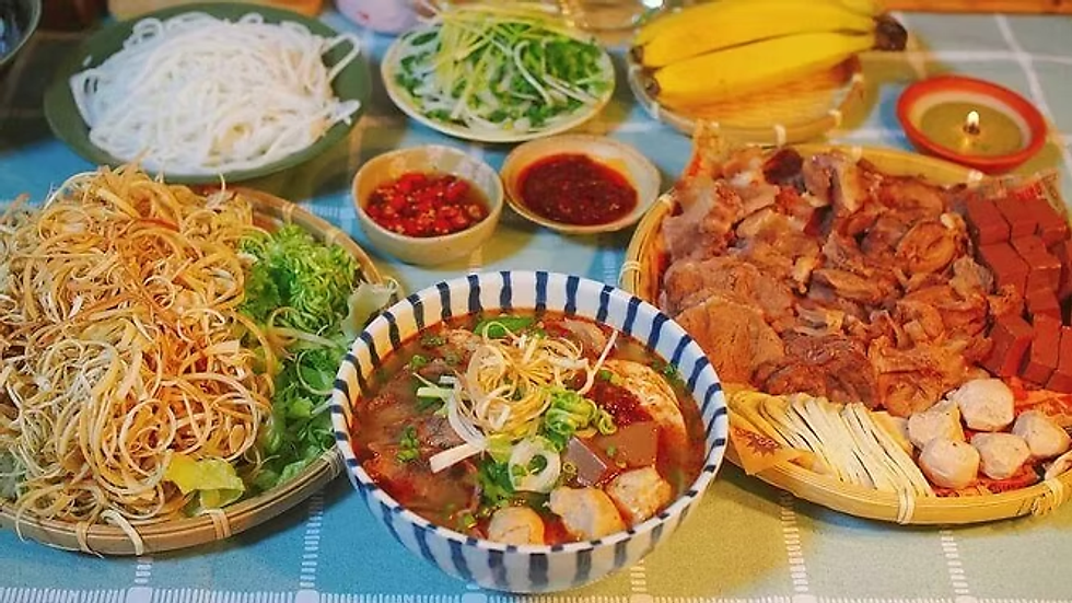 Bun Bo Hue traditional Vietnamese noodle soup with beef and pork
