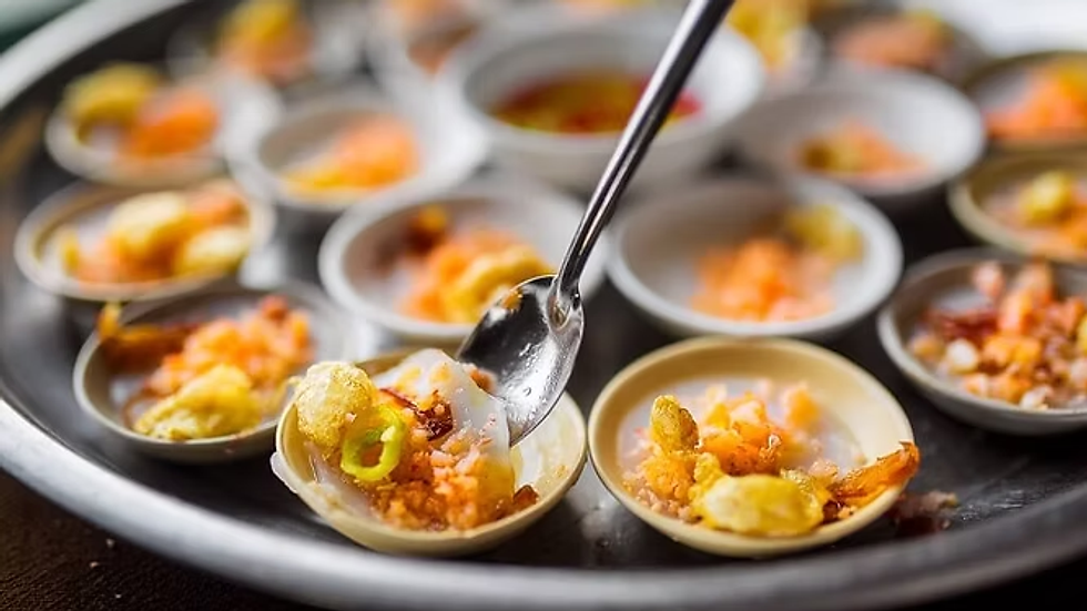 Vietnamese Banh Beo with shrimp and sweet fish sauce