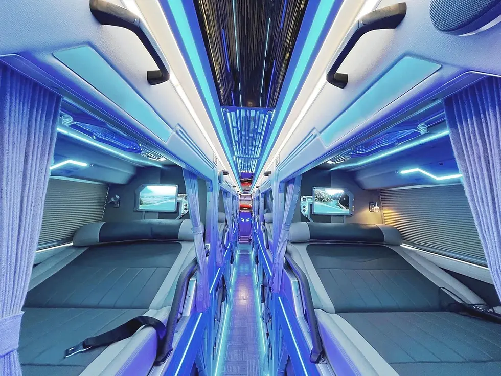 Eye-level view of a VIP cabin bus interior with reclining seats