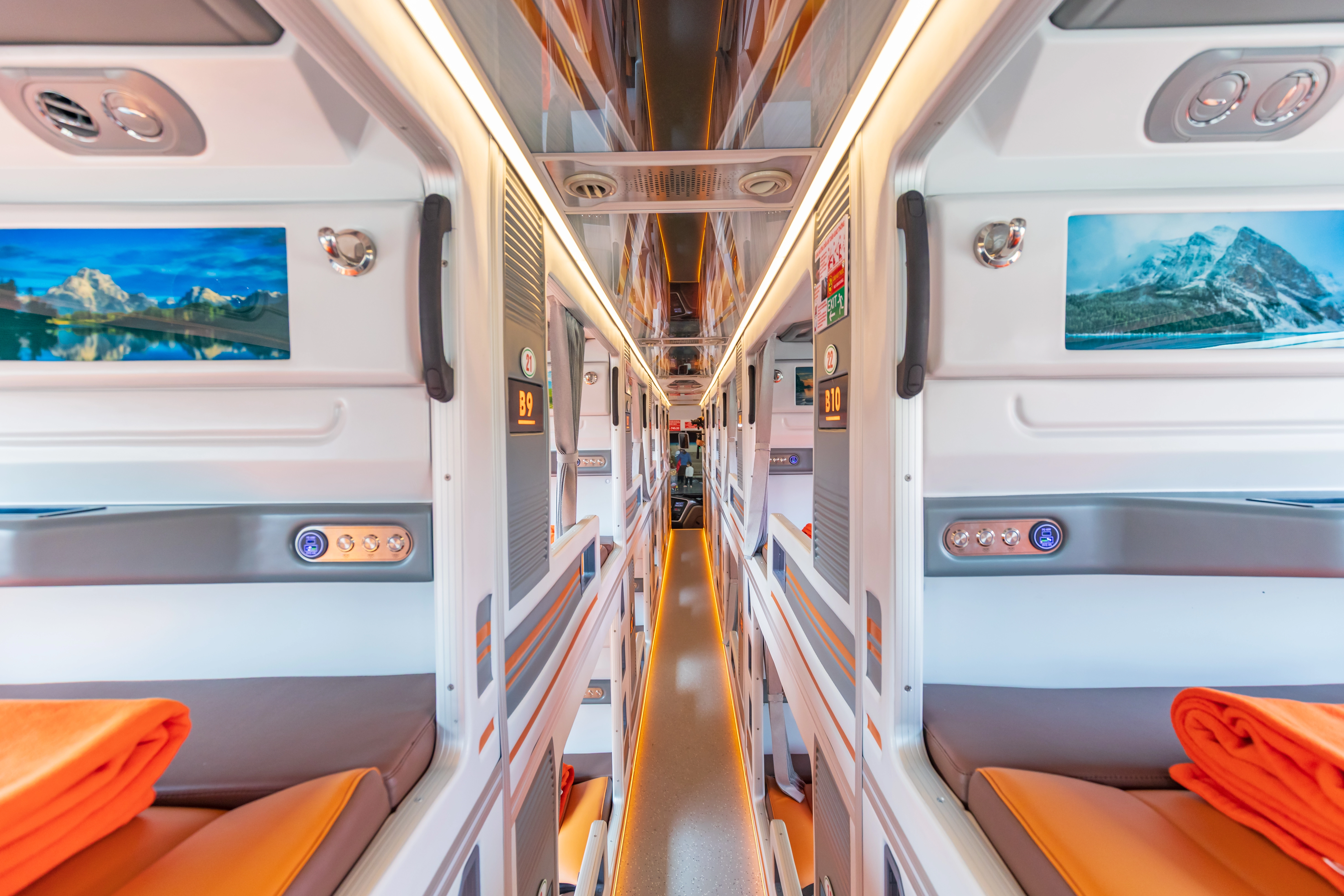 Modern 24-cabin sleeper bus with comfortable private cabins for overnight travel in Vietnam.
