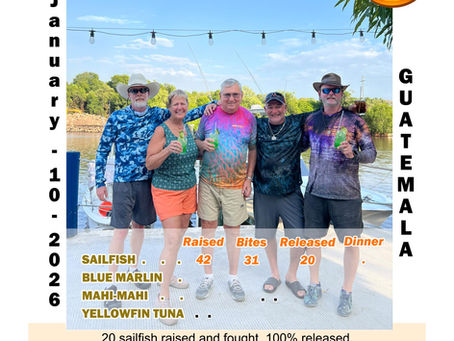 5 Anglers after released 20 salifish at Buena Vista sport fishing resort in Guatemala