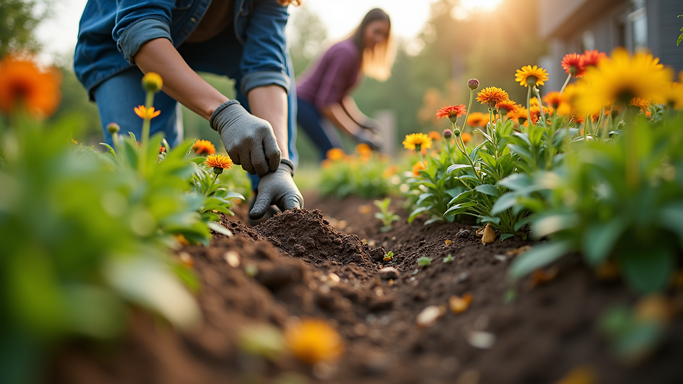 Eye-level view of a community garden with volunteers planting flowers