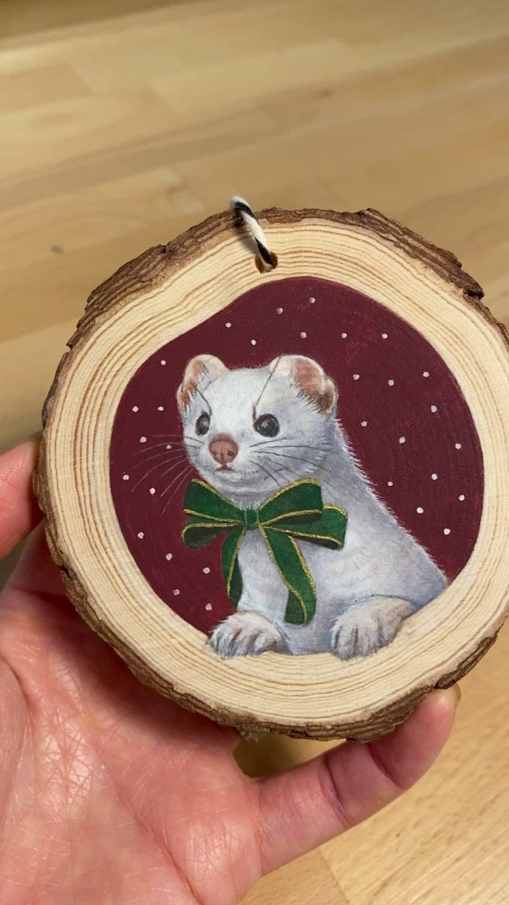 Thumbnail: Original Hand Painted Wood Slice Christmas Ornament, Stoat, Ermine