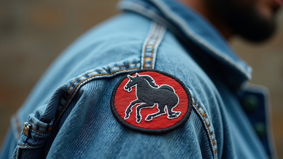 Eye-level view of embroidered patch on denim jacket