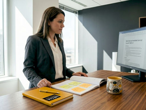 Businesswoman drafting newsletter proposal at desk