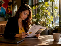 Woman reviewing newsletter advertising proposal