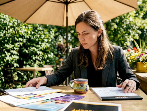 Marketing manager reviewing newsletter sponsorship materials