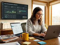 Email marketer working in home office on email campaign