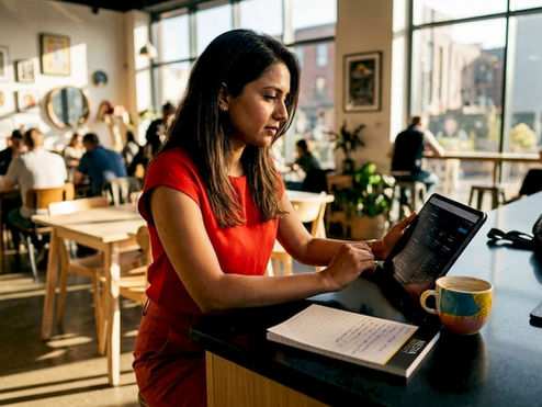 Woman reviewing SaaS newsletter advertising dashboard