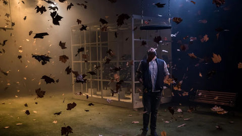 A man watches as a flurry of autumn leaves fill the air.