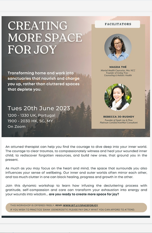 Event flyer for the ‘Creating More Space for Joy’ workshop, highlighting stress reduction, PTSD support, emotional well-being counseling, and mindful event planning for holistic mental health