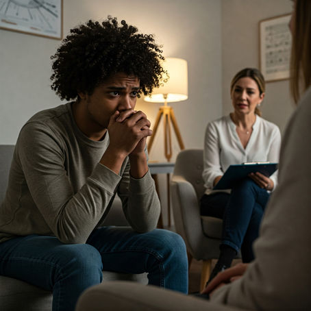 A person sits in a therapy session, looking emotional and vulnerable, while their therapist offers quiet support from across the room.