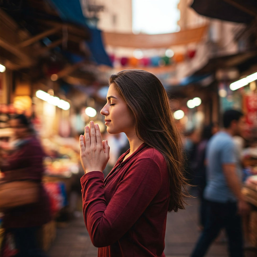 A person stands still with eyes closed and a calm expression, taking a deep breath while the world around them blurs in motion. The scene symbolizes finding emotional regulation and grounding amidst chaos.