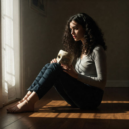 A person sits quietly in a dimly lit room, soft light from a nearby window illuminating their face. A mask rests in their lap, symbolizing the emotional weight of hiding their true self and the vulnerability of beginning to open up.