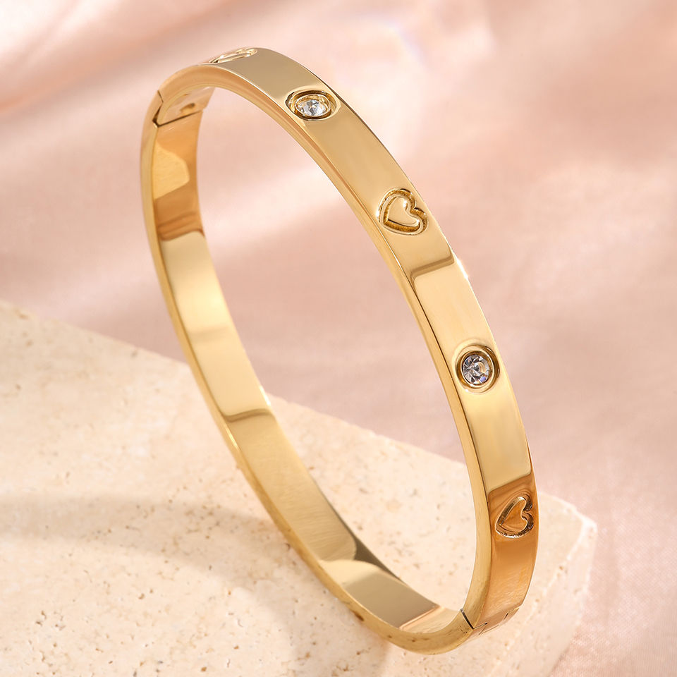 Thumbnail: Yupsk 18K Gold Plated Stainless Steel Heart Shape Zirconia Open Bracelet for Wom