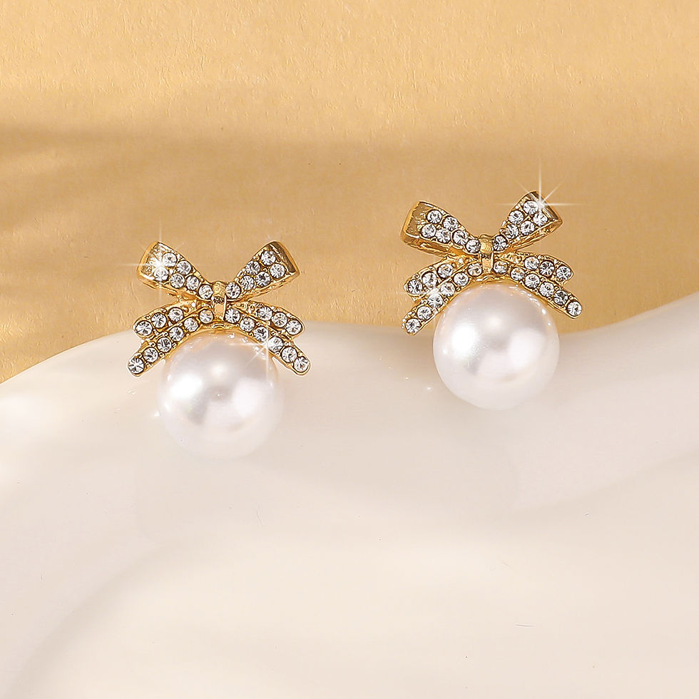 Thumbnail: 2 Women's Silver Needle Bow Studded With Diamond Pearl Earrings, Fashionable And