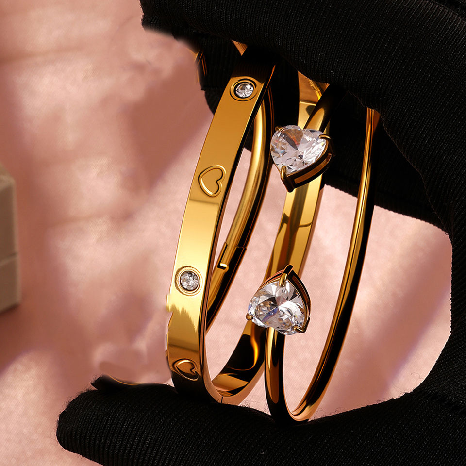 Thumbnail: Yupsk 18K Gold Plated Stainless Steel Heart Shape Zirconia Open Bracelet for Wom