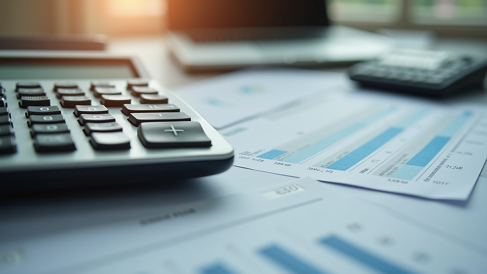 Close-up view of a calculator and financial documents on a desk