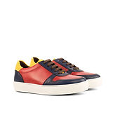 Woman Trainer Sneaker - Mustard Linen-Painted Calf Navy-Polished Calf Red-Ang5.jpg