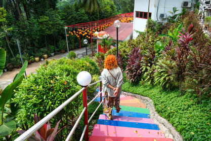 Woman ascending colorful stairs, vibrant garden