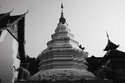 Black and white photo of a tiered pagoda