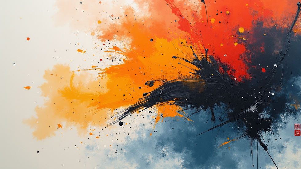 Close-up view of a Zhao Wuji abstract painting with dynamic brushstrokes
