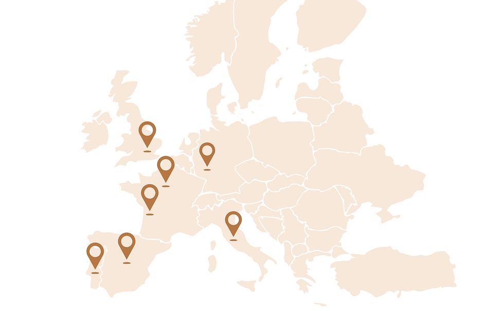 Carte de l’Europe avec localisation des membres du réseau Base Communication en France, Portugal, Espagne, Italie, Allemagne.