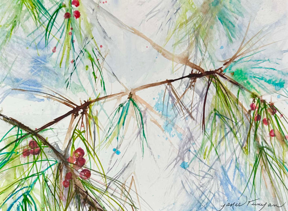 watercolor original painting by Janis Runyan of pine trees