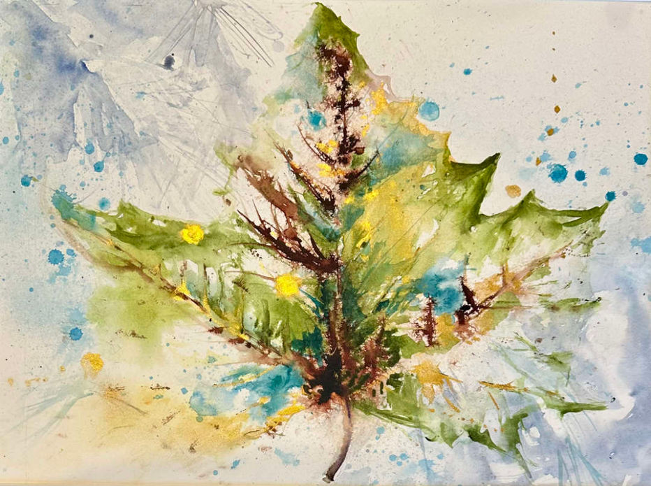 watercolor original painting by Janis Runyan of a single fall leaf