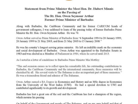 Statement on the Passing of The Rt. Hon. Owen Seymour Arthur Former Prime Minister of Barbados