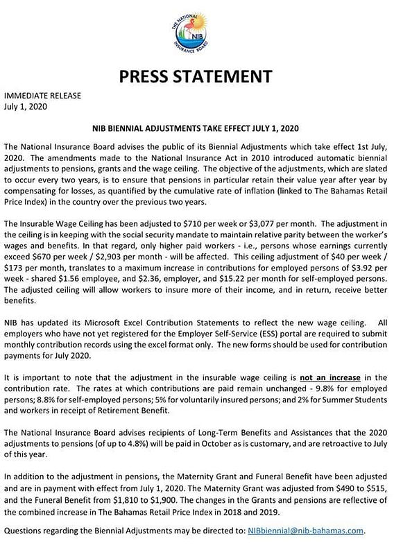Press Statement: NIB Biennial Adjustments Take Effect July 1, 2020