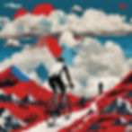 show a cyclist climbing a mountain with clouds, as a weird serial killer like collage - wi