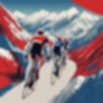show a racing cycling climbing a mountain ahead of a group of other cyclists, with primary