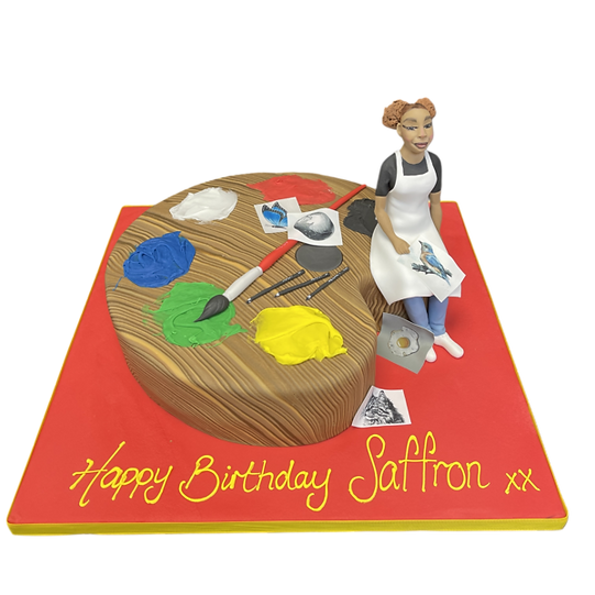Bespoke cake shaped like a painter's palette with colorful icing paint dabs, perfect for celebration in Solihull, West Midlands.