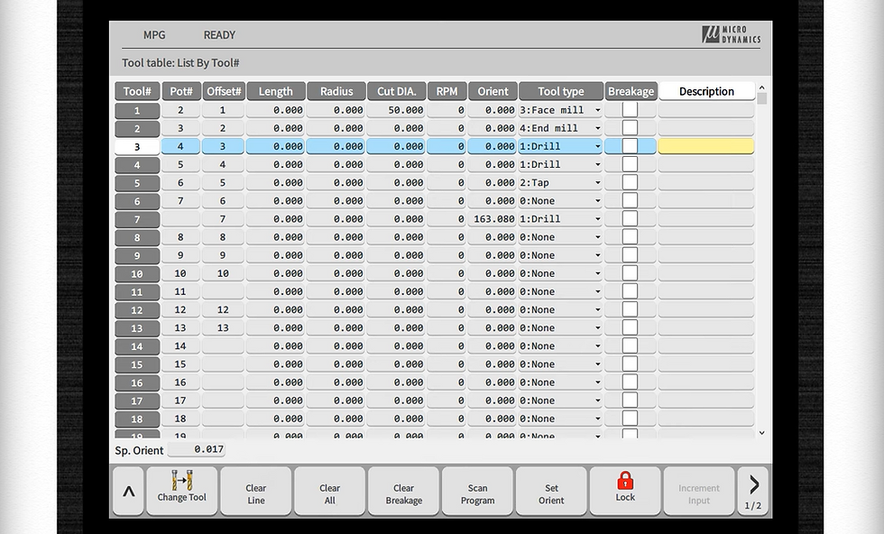 Tool Table List in MICRO DYNAMICS HMI