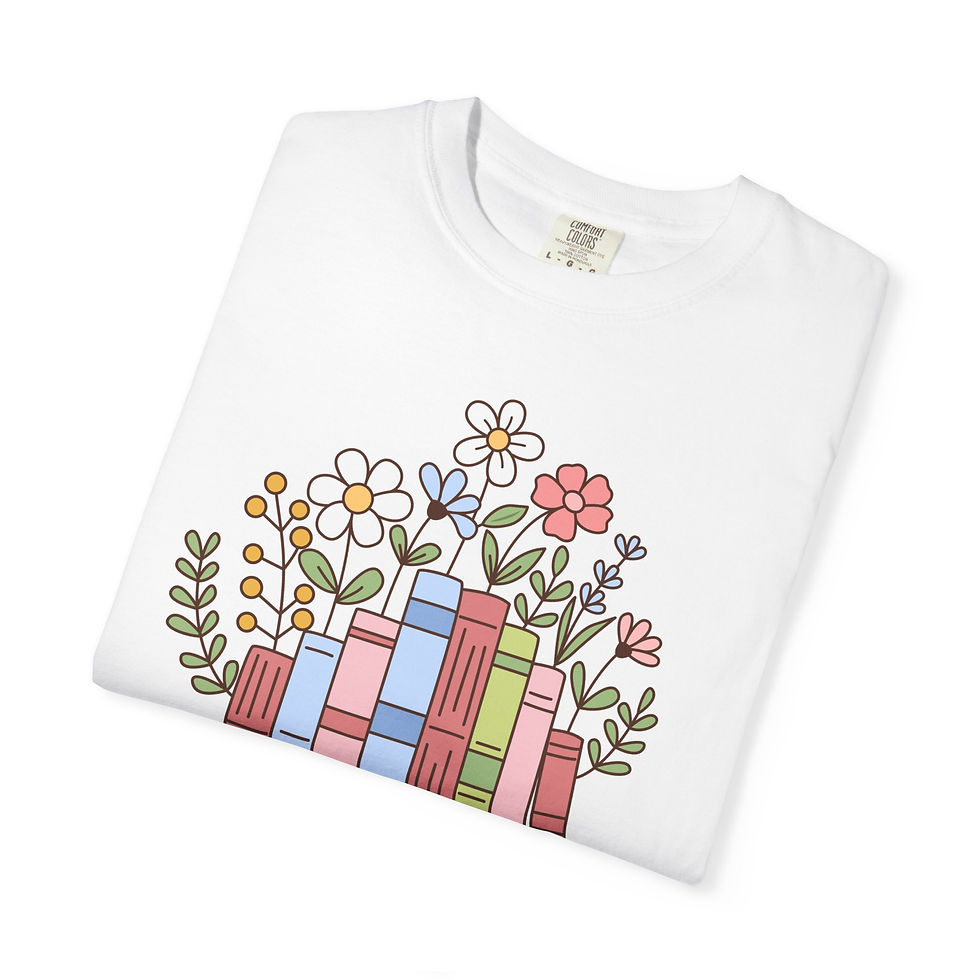 Thumbnail: Just One More Book T-shirt | Stack of Books with Flowers Reading Shirt