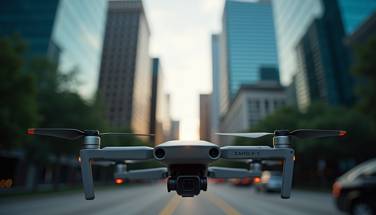 Close-up view of drone camera lens focusing on Houston downtown buildings