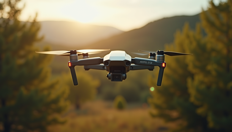 Eye-level view of a 360 camera mounted on a drone flying over a forested area
